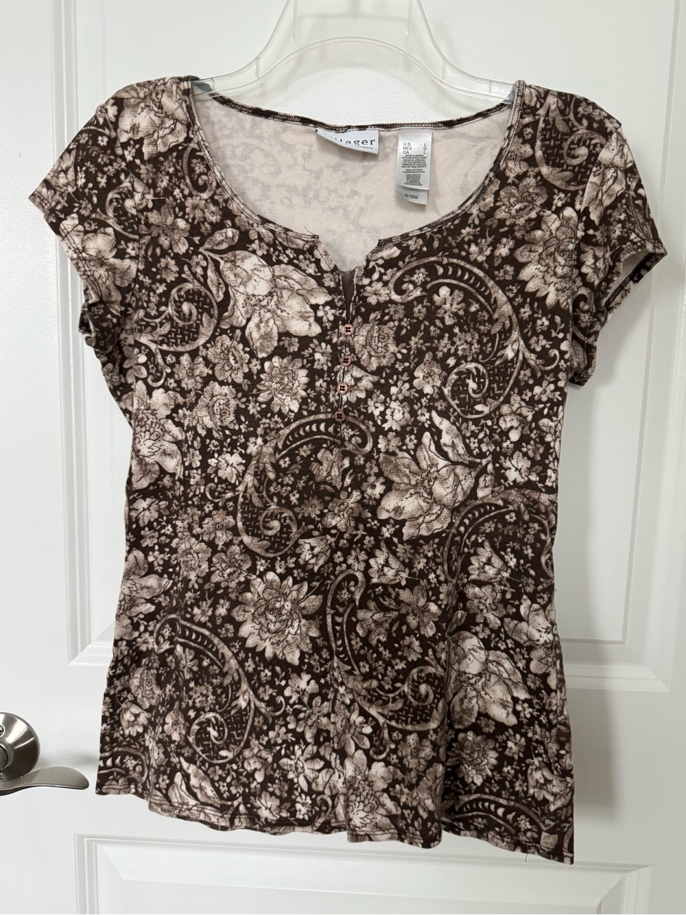 villager Brown Floral Short-Sleeve Henley cotton Top